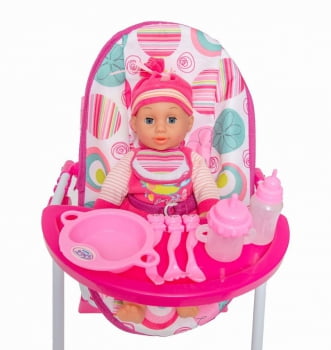 Boneca que Fala + Cadeira Balanço e Cadeirão e Bebê Conforto (3 em 1)